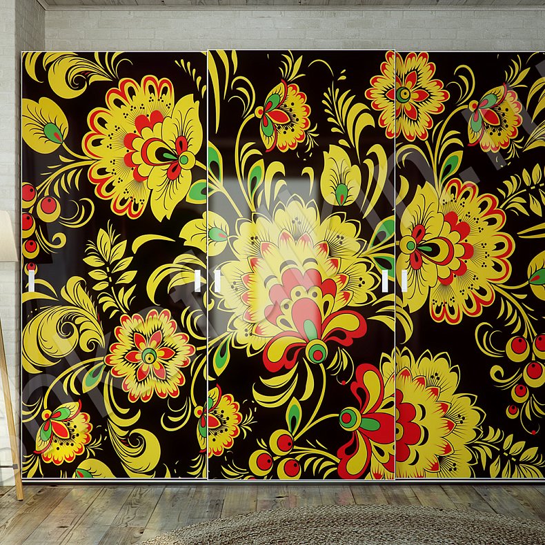 Корпусный шкаф-купе Хохлома Светлые Красный Цветной Этнический 3х створчатые Гостиная Для вещей 1