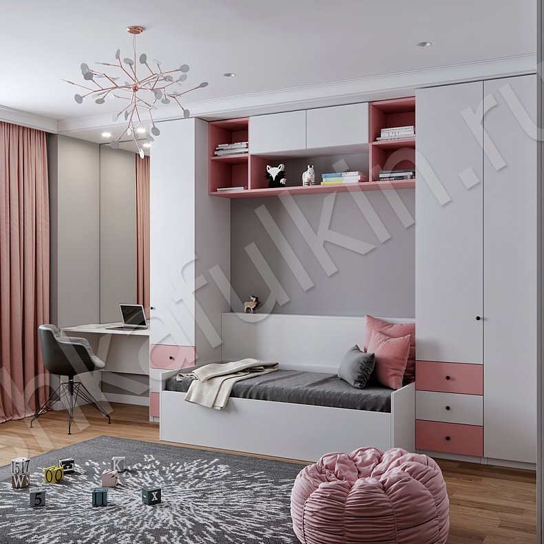 Угловой шкаф Амадеус Белый Цветной Розовый Светлые Современный 5и створчатые Детская Для книг Для вещей 2