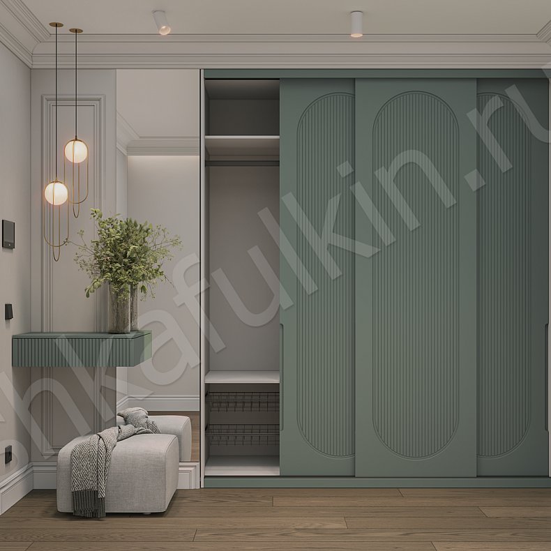 Встроенный шкаф-купе Скаволлини Светлые Зеленый Неоклассика 3х створчатые Коридор Для вещей 1