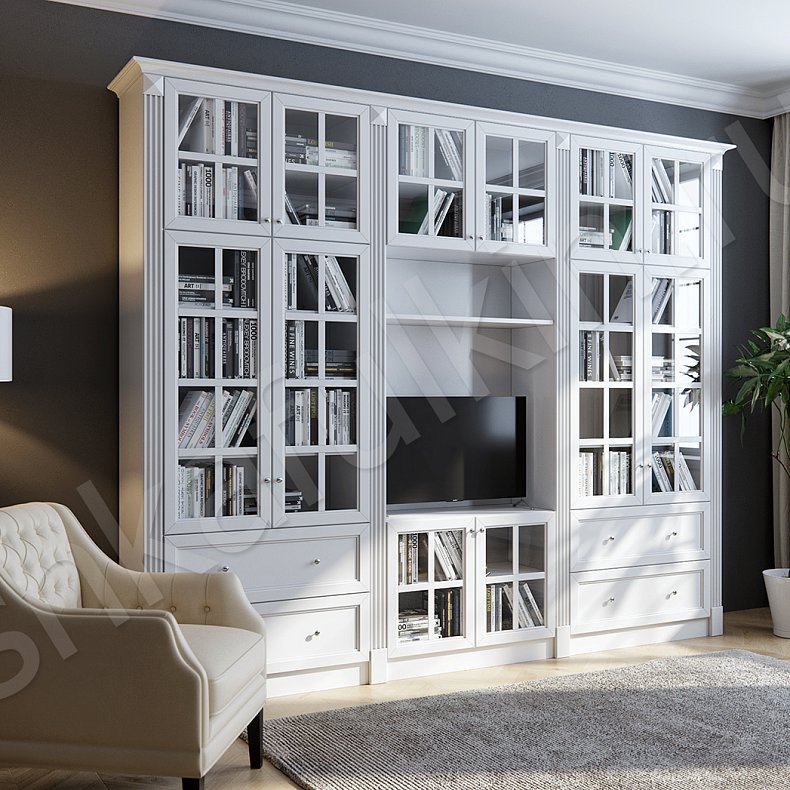 Изображение Стенка Коста Светлые Белый Классика 4х створчатые Гостиная Под ТВ Для книг 1