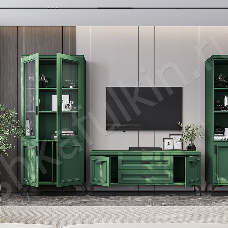 Изображение Стенка Изумио Светлые Цветной Синий Зеленый Неоклассика 2х створчатые Гостиная Для книг Для декора Под ТВ 5