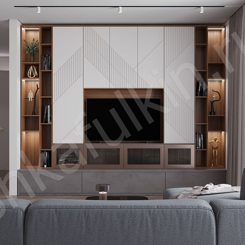 Изображение Стенка Мирра Светлые Белый Древесный Серый Современный Гостиная Для книг Для декора Под ТВ 1