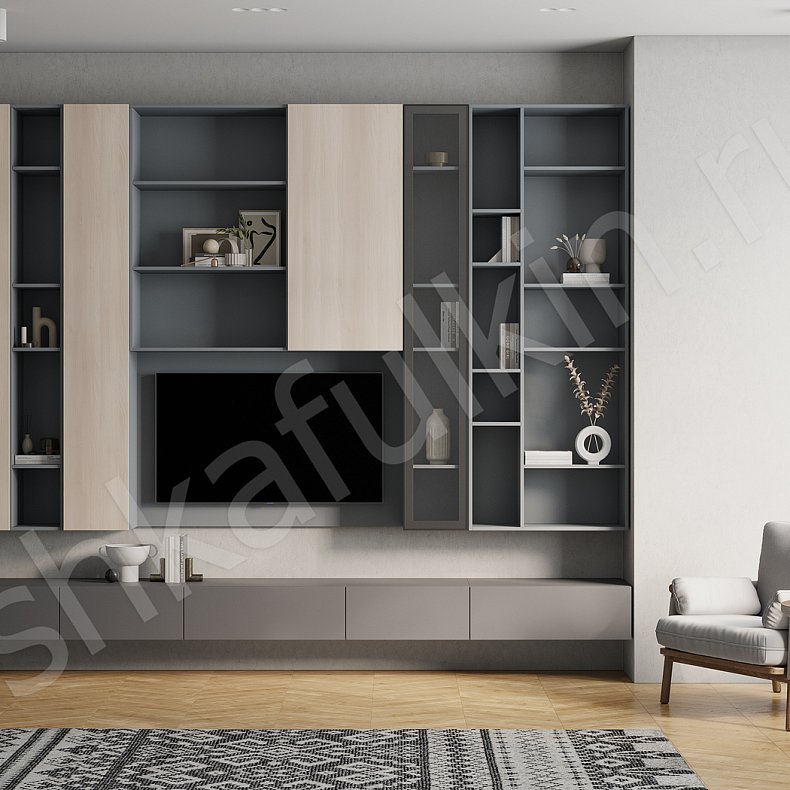 Изображение Стенка Арли Белый Темные Светлые Серый Коричневый Древесный Скандинавский Гостиная Под ТВ Для посуды Для декора Для книг 1