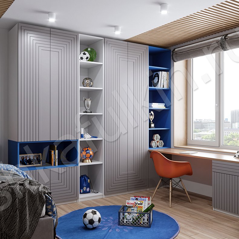 Изображение Детская Максимус Цветной Древесный Серый Синий Светлые Зеленый Минимализм 4х створчатые Детская Для книг Для декора Для вещей 10