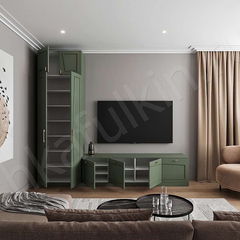 Изображение Стенка Мерседес Темные Цветной Зеленый Современный 2х створчатые Гостиная Для книг Для декора Под ТВ 2