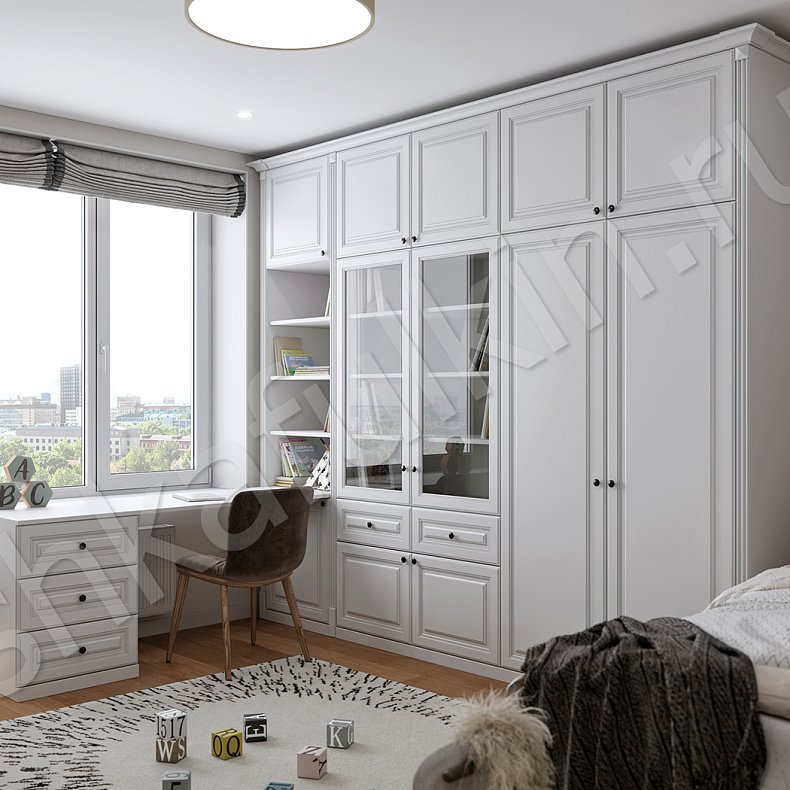 Изображение Мебель в детскую Фелиция Белый Цветной Синий Светлые Классика 4х створчатые Детская Для книг Для декора Для вещей 4