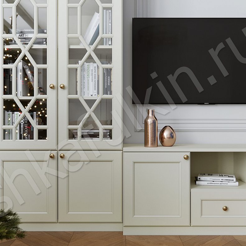 Изображение Гарнитур Смит Белый Цветной Синий Светлые Темные Неоклассика 2х створчатые Гостиная Для книг Под ТВ 10