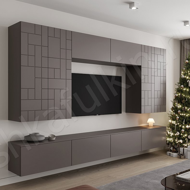 Изображение Стенка Честер Темные Серый Современный 4х створчатые Гостиная Для книг Под ТВ 4