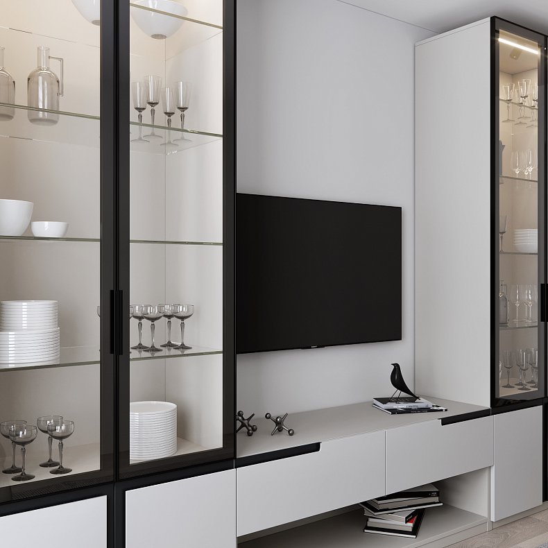 Изображение Стенка Альфа Белый Светлые Минимализм 2х створчатые Гостиная Для книг Для посуды Под ТВ 2