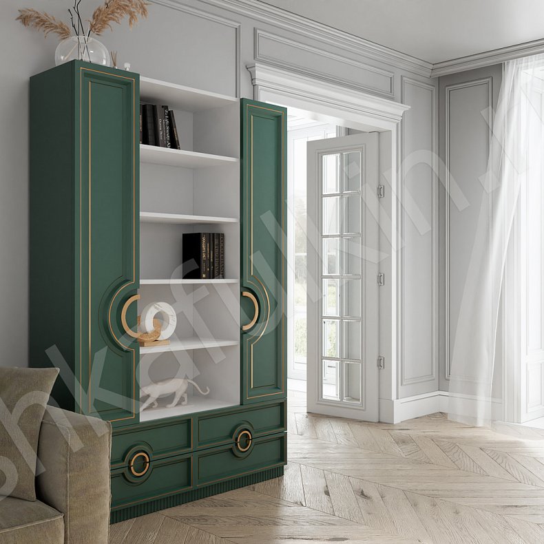 Гарнитур Лорен Белый Цветной Зеленый Золото Неоклассика 2х створчатые Спальня Для белья Для вещей