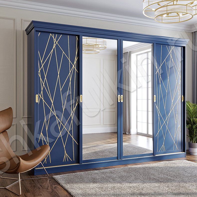 Изображение Корпусный шкаф-купе Индиго Цветной Синий Модерн 4х створчатые Гостиная Для вещей 2