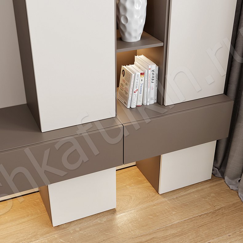 Изображение Стенка Экка Белый Коричневый Светлые Современный 2х створчатые Гостиная Для книг Для декора Под ТВ 4