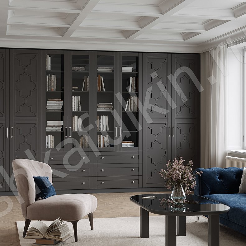 Изображение Стенка Пифагор Белый Серый Светлые Темные Неоклассика 6и створчатые Гостиная Для книг Для декора Для вещей 2