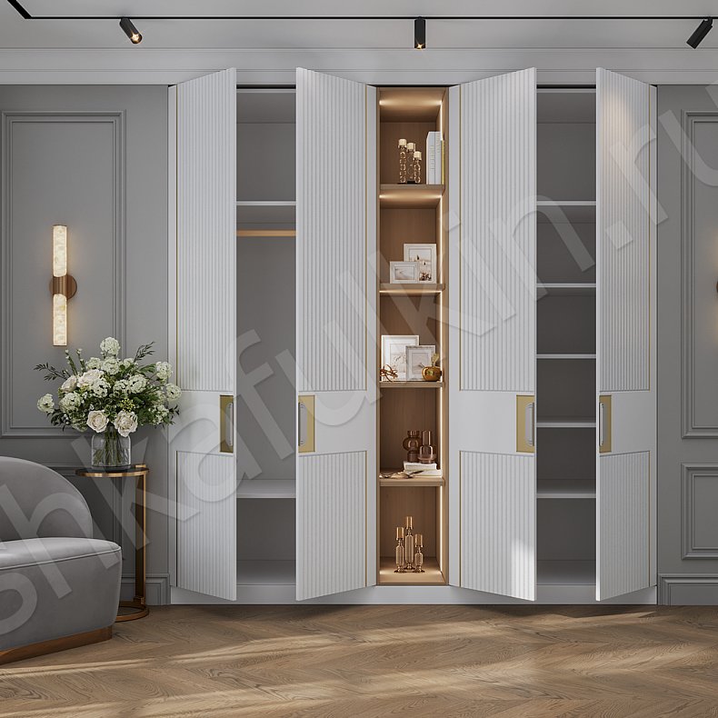 Изображение Шкаф Альфредо Белый Светлые Неоклассика 4х створчатые Гостиная Для книг Для декора Для вещей 2