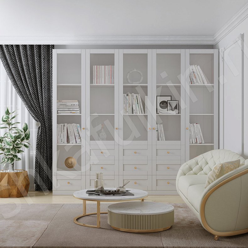 Изображение Шкаф-витрина Рамонес Светлые Белый Неоклассика 5и створчатые Гостиная Для книг 1