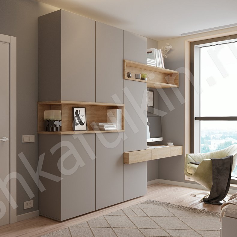 Изображение Шкаф с рабочей зоной Джамбо Светлые Белый Черный Древесный Серый Темные Скандинавский 3х створчатые Спальня Для книг Для декора Для вещей 6