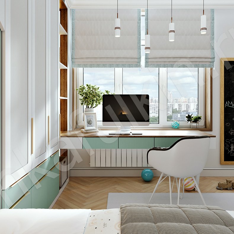 Изображение Детская Гринлайн Белый Цветной Светлые Зеленый Неоклассика 3х створчатые Детская Для книг Для декора Для вещей 1