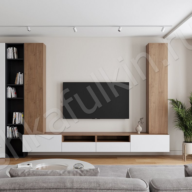 Изображение Стенка Вуди Коричневый Белый Древесный Светлые Скандинавский  Гостиная Для книг Для декора Для посуды Под ТВ 4