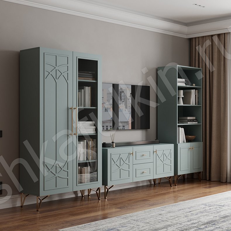 Изображение Стенка Стефани Синий Цветной Светлые Неоклассика  Гостиная Для книг Для декора Под ТВ 1