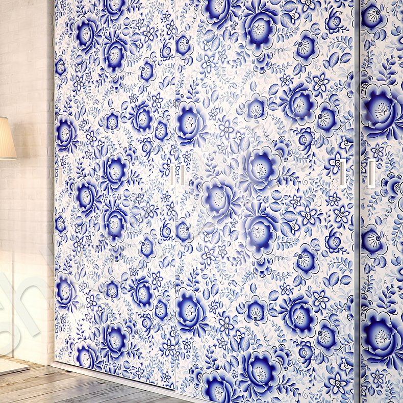 Изображение Корпусный шкаф-купе Гжель Светлые Синий Белый Этнический 3х створчатые Гостиная Для вещей 2