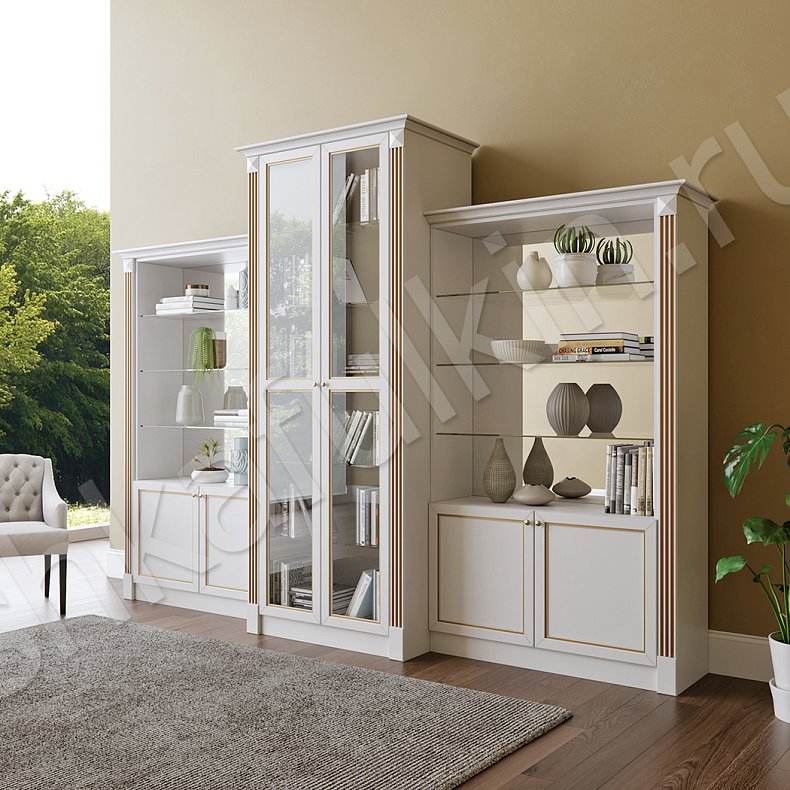 Изображение Стенка Жизель Светлые Белый Синий Темные Классика 2х створчатые Гостиная Для книг Для декора Для посуды 3