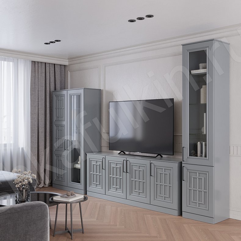 Изображение Стенка Антида Светлые Серый Неоклассика 2х створчатые Гостиная Для книг Под ТВ 1