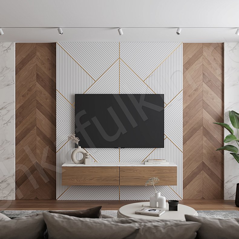 Стеновая панель и тумба Хиггенс Светлые Древесный Белый Современный  Гостиная Под ТВ