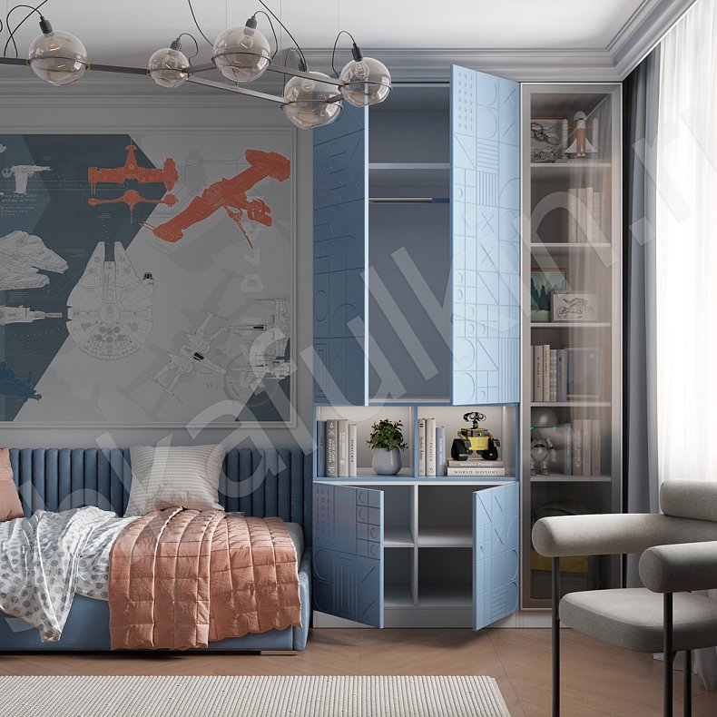 Изображение Детская Фабрицио Синий Современный 3х створчатые Детская Для вещей Для книг 1