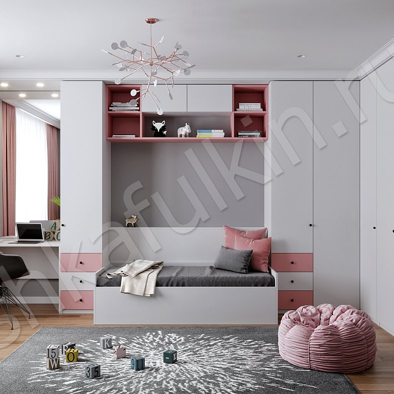 Угловой шкаф Амадеус Белый Цветной Розовый Светлые Современный 5и створчатые Детская Для книг Для вещей 1