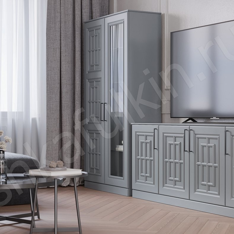Изображение Стенка Антида Светлые Серый Неоклассика 2х створчатые Гостиная Для книг Под ТВ 4