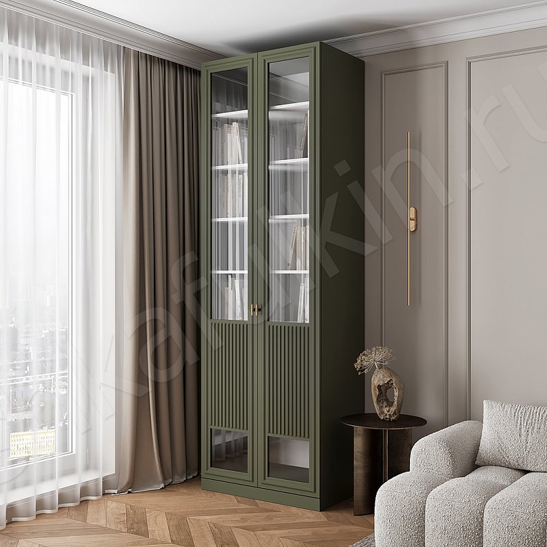 Шкаф-витрина Мельпомена Цветной Темные Зеленый Неоклассика 2х створчатые Гостиная Для книг Для декора 1