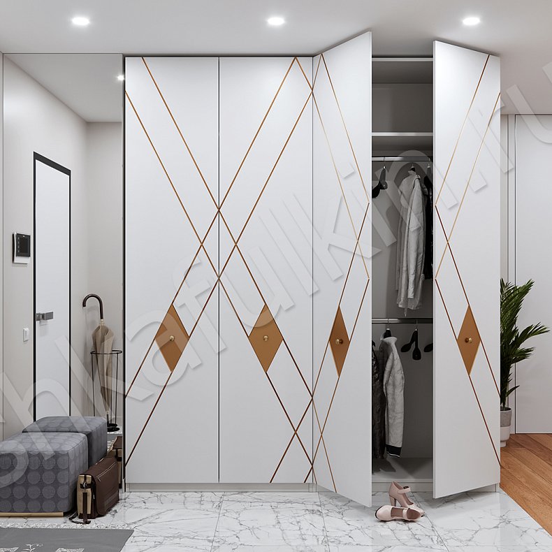 Шкаф Ромбо Белый Коричневый Светлые Модерн 4х створчатые Прихожая Для вещей 1