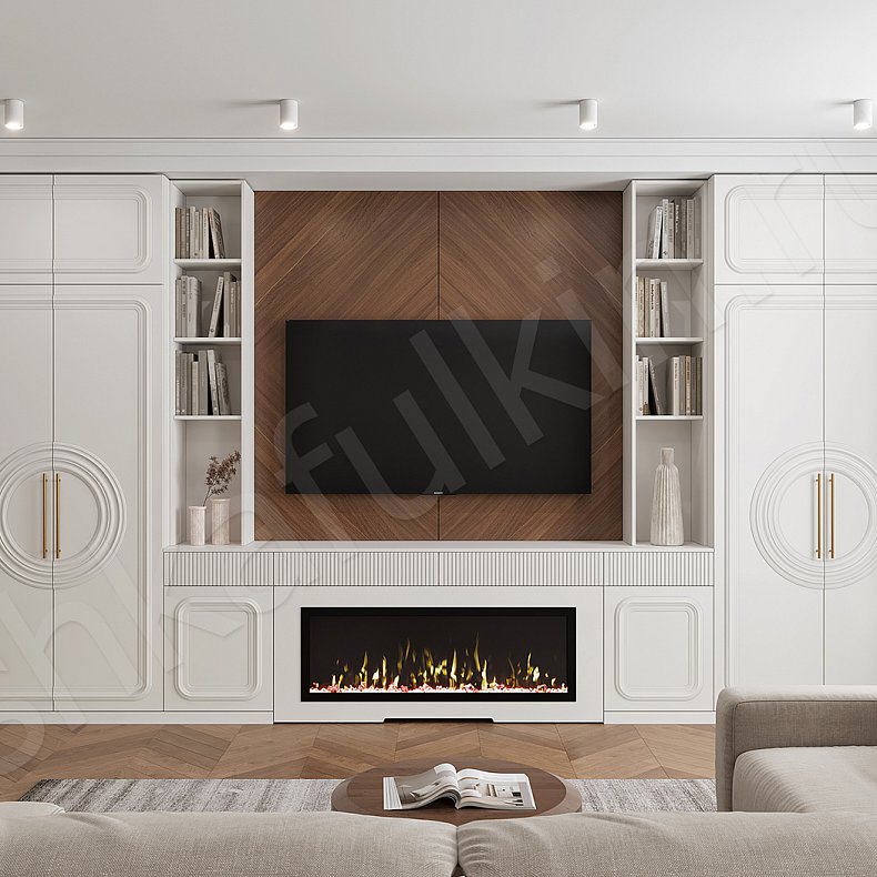 Изображение Стенка Санмарино с камином Белый Светлые Неоклассика 3х створчатые Гостиная Для книг Под ТВ 1