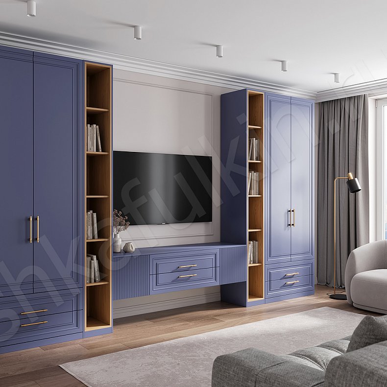 Изображение Стенка Феодал Цветной Синий Светлые Неоклассика 2х створчатые Гостиная Для книг Для декора Под ТВ 1