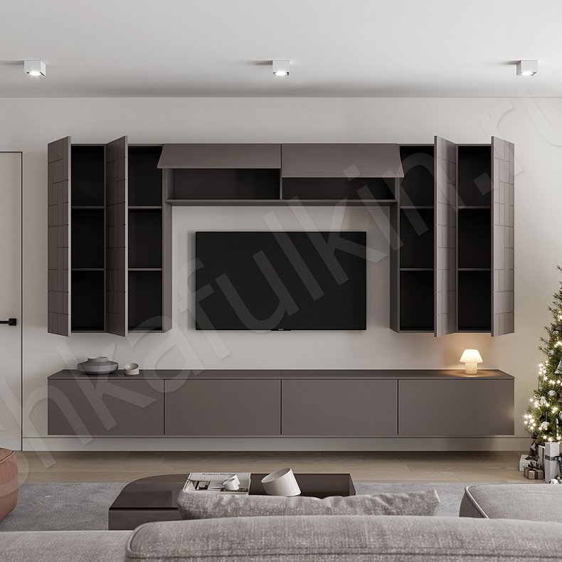 Изображение Стенка Честер Темные Серый Современный 4х створчатые Гостиная Для книг Под ТВ 2