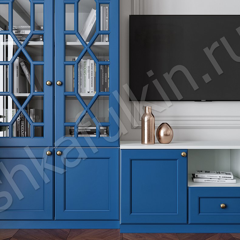 Изображение Гарнитур Смит Белый Цветной Синий Светлые Темные Неоклассика 2х створчатые Гостиная Для книг Под ТВ 9