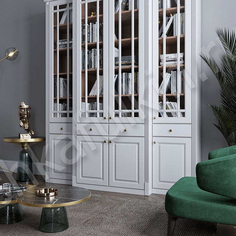 Шкаф Сергиус Белый Цветной Серый Синий Неоклассика 4х створчатые Гостиная Для книг Для декора Для посуды 7