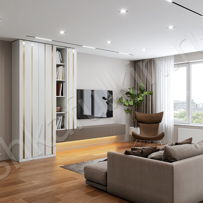 Изображение Стенка Неаполи Золото Белый Светлые Современный 2х створчатые Гостиная Для книг Под ТВ Для вещей 2