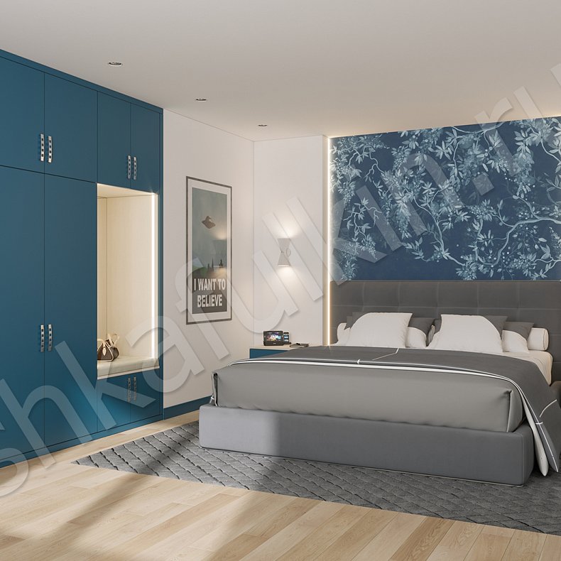 Изображение Шкаф Понтиак Цветной Синий Темные Минимализм 4х створчатые Спальня Для белья Для вещей 5