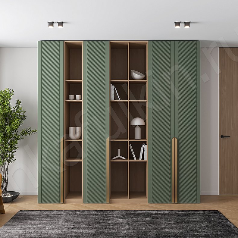 Шкаф со стеллажами Анабэль Цветной Древесный Темные Зеленый Неоклассика 4х створчатые Гостиная Для книг Для декора Для вещей 1
