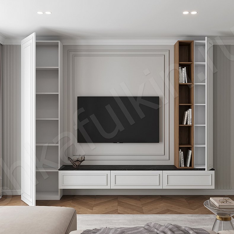 Изображение ТВ-стенка Джорджия Белый Древесный Коричневый Светлые Неоклассика 2х створчатые Гостиная Для книг Для декора Под ТВ 9