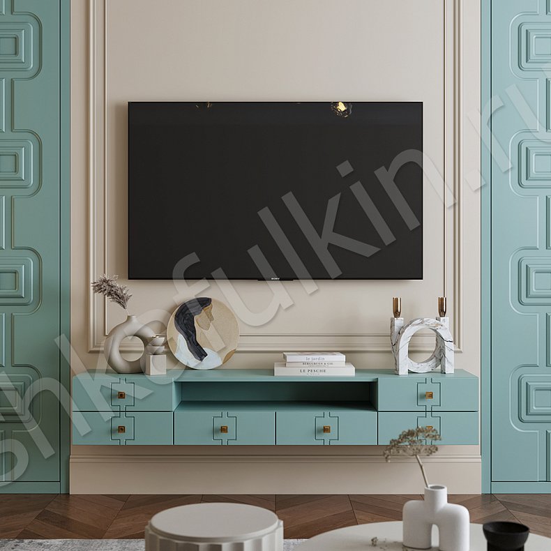 Изображение Гарнитур Тиффани Синий Светлые Зеленый Неоклассика 2х створчатые Гостиная Под ТВ Для вещей 2