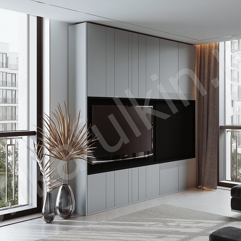 Стенка Фредерик Черный Светлые Серый Современный 6и створчатые Гостиная Для книг Под ТВ Для вещей