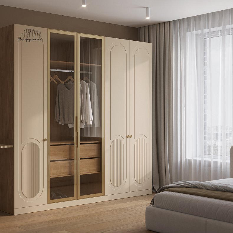 Шкаф Маурис Белый Коричневый Светлые Неоклассика 5и створчатые Гостиная Для книг Для декора Для вещей