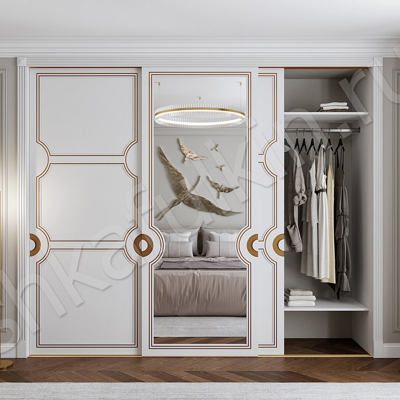 Изображение Шкаф-купе Арианна Белый Золото Светлые Неоклассика 3х створчатые Спальня Для вещей 2