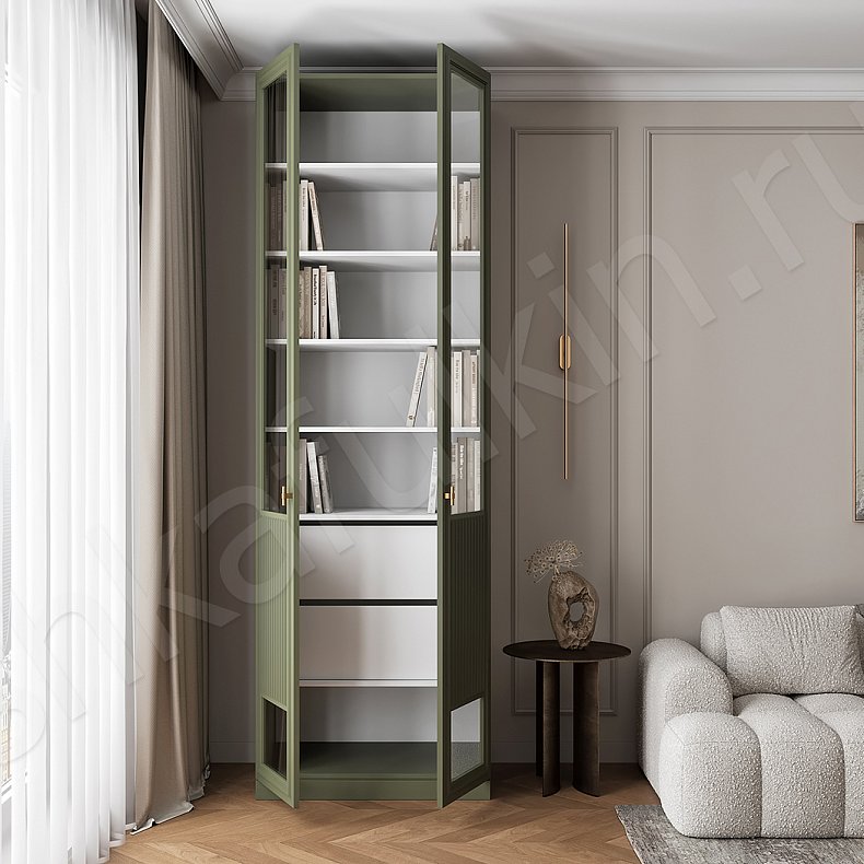 Шкаф-витрина Мельпомена Цветной Темные Зеленый Неоклассика 2х створчатые Гостиная Для книг Для декора 4