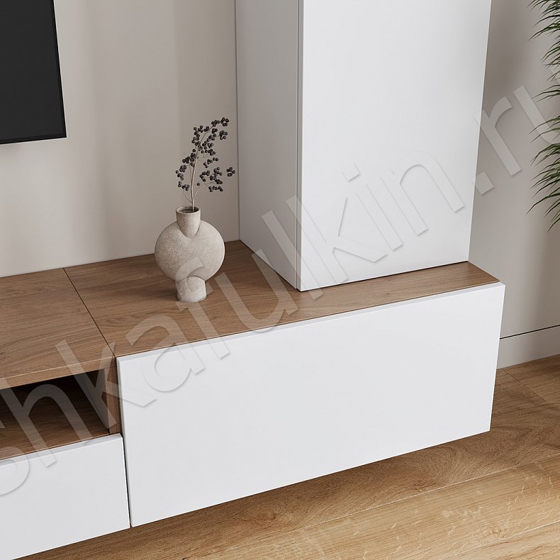 Изображение Стенка Вуди Коричневый Белый Древесный Светлые Скандинавский  Гостиная Для книг Для декора Для посуды Под ТВ 13