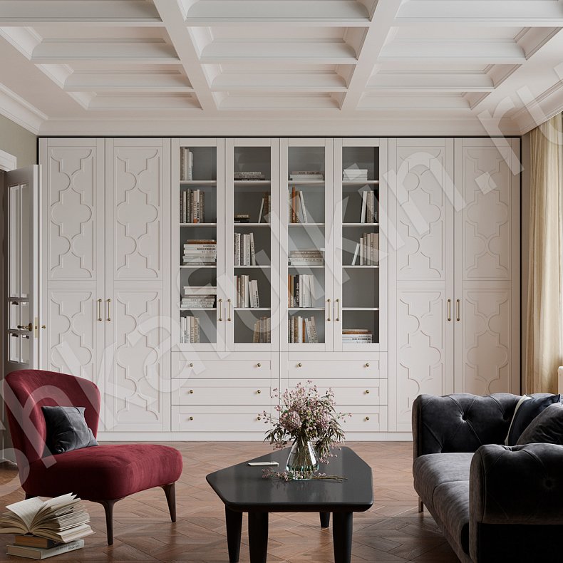 Изображение Стенка Пифагор Белый Серый Светлые Темные Неоклассика 6и створчатые Гостиная Для книг Для декора Для вещей 1