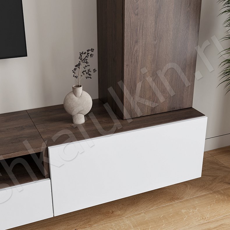 Изображение Стенка Вуди Коричневый Белый Древесный Светлые Скандинавский  Гостиная Для книг Для декора Для посуды Под ТВ 14