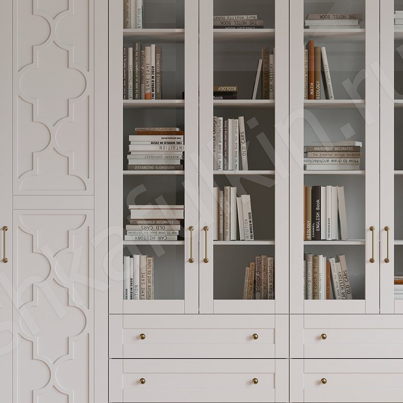 Изображение Стенка Пифагор Белый Серый Светлые Темные Неоклассика 6и створчатые Гостиная Для книг Для декора Для вещей 7